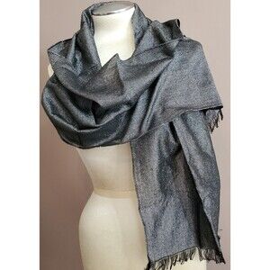 Vintage Scarf Wrap Black Silver Metalic Self Fringe 15x64" Lightweight 80s 90s